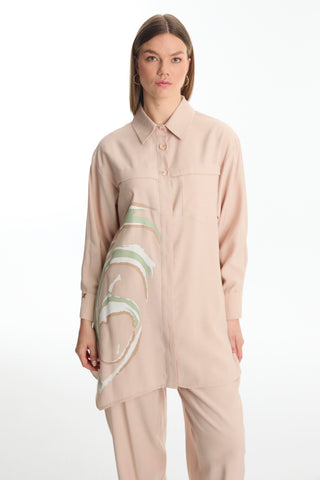 Patterned Buttoned Two-Piece Beige Set 1454