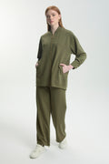 Stone Embellished Zippered Two-Piece Khaki Set 1456