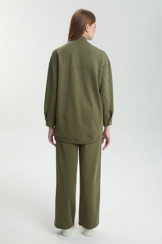 Stone Embellished Zippered Two-Piece Khaki Set 1456