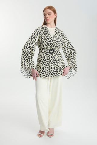 Puantiye Desenli Kemerli Üçlü Kombin Ekru Takım 1495