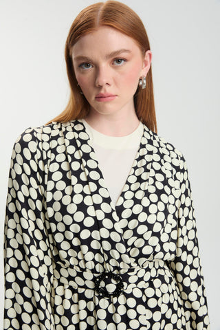 Puantiye Desenli Kemerli Üçlü Kombin Ekru Takım 1495