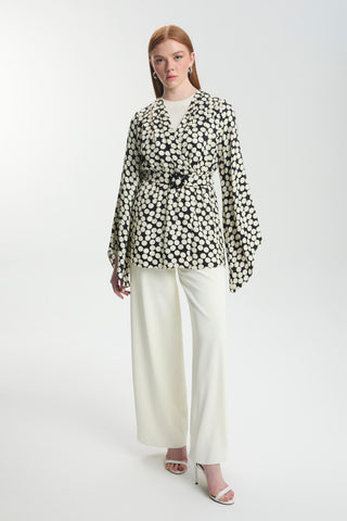 Puantiye Desenli Kemerli Üçlü Kombin Ekru Takım 1495