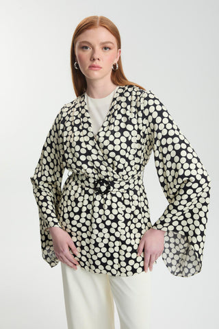 Puantiye Desenli Kemerli Üçlü Kombin Ekru Takım 1495