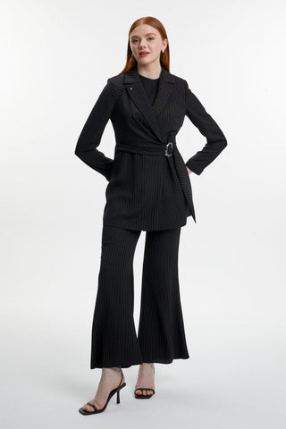Double-Breasted Collar Striped Patterned Two-Piece Black Set 1515