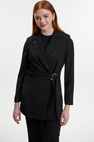 Double-Breasted Collar Striped Patterned Two-Piece Black Set 1515