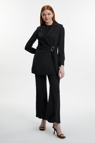 Double-Breasted Collar Striped Patterned Two-Piece Black Set 1515