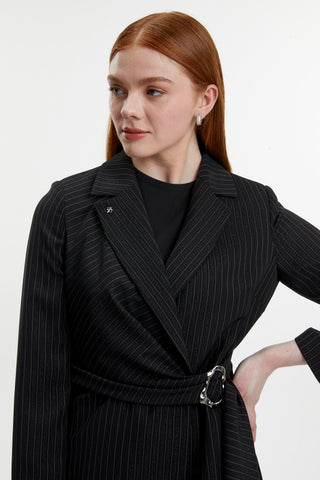 Double-Breasted Collar Striped Patterned Two-Piece Black Set 1515