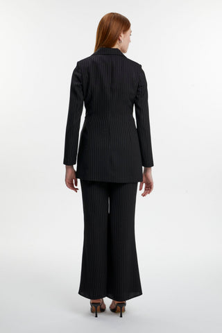 Double-Breasted Collar Striped Patterned Two-Piece Black Set 1515