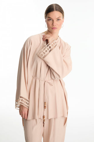 Three-Piece Set in Beige with Wooden Bead Lace Detail and Lace Cuffs 1548