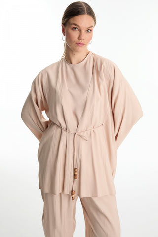 Three-Piece Set in Beige with Wooden Bead Lace Detail and Lace Cuffs 1548