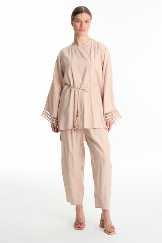 Three-Piece Set in Beige with Wooden Bead Lace Detail and Lace Cuffs 1548