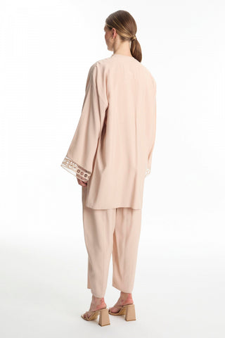 Three-Piece Set in Beige with Wooden Bead Lace Detail and Lace Cuffs 1548