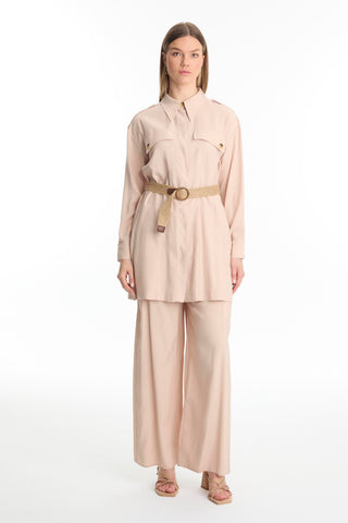 Shirt Collar Belted Two-Piece Beige Set 1550