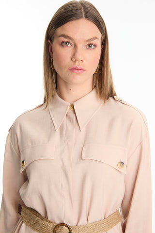 Shirt Collar Belted Two-Piece Beige Set 1550