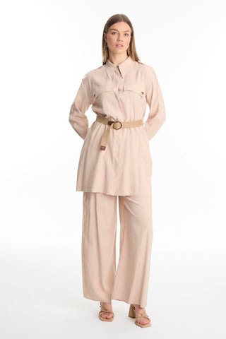 Shirt Collar Belted Two-Piece Beige Set 1550