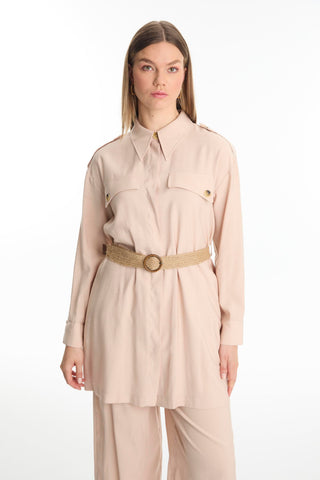 Shirt Collar Belted Two-Piece Beige Set 1550