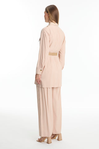 Shirt Collar Belted Two-Piece Beige Set 1550