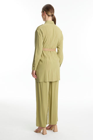 Shirt Collar Belted Two-Piece Set in Çağla Color 1550