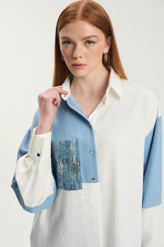 Color Block Pocket Sequined Ecru Tunic 1561