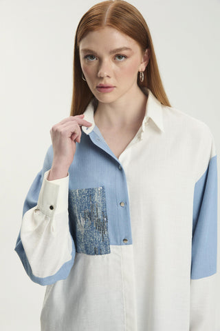 Renk Bloklu Cep Pullu Ekru Tunik 1561