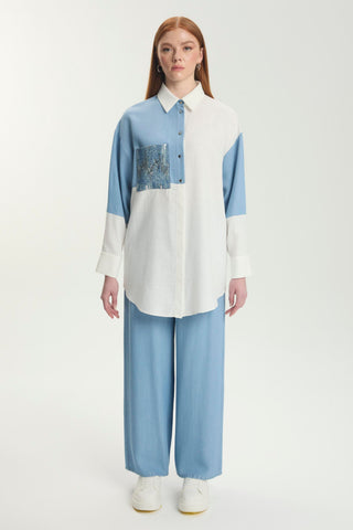 Color Block Pocket Sequined Ecru Tunic 1561