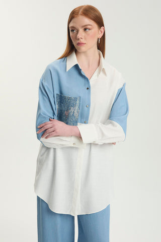 Color Block Pocket Sequined Ecru Tunic 1561