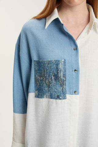 Color Block Pocket Sequined Ecru Tunic 1561