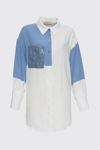 Color Block Pocket Sequined Ecru Tunic 1561