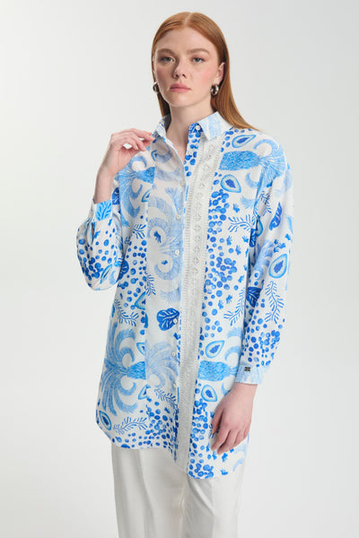 Desenli Şerit Detaylı Mavi Tunik 1570