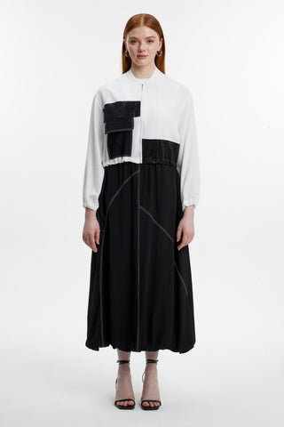Pocket Detail Balloon Skirt and Jacket Two-Piece Set in Ecru/Black 1616