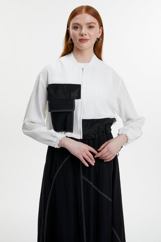 Pocket Detail Balloon Skirt and Jacket Two-Piece Set in Ecru/Black 1616