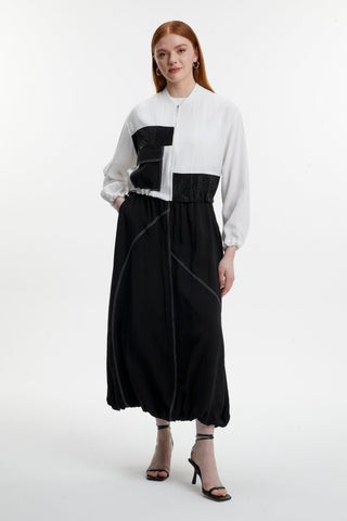 Pocket Detail Balloon Skirt and Jacket Two-Piece Set in Ecru/Black 1616