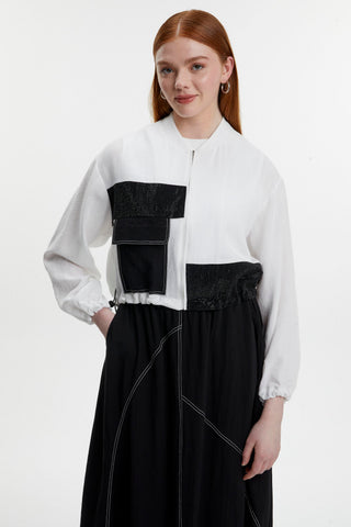 Pocket Detail Balloon Skirt and Jacket Two-Piece Set in Ecru/Black 1616