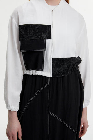 Pocket Detail Balloon Skirt and Jacket Two-Piece Set in Ecru/Black 1616