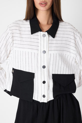 Shirt Collar Pocket Detail Two-Piece Set in Ecru/Black 1617