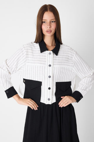 Shirt Collar Pocket Detail Two-Piece Set in Ecru/Black 1617