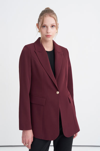Kruvaze Yaka Tek Düğmeli Blazer Astarlı Bordo Ceket 0070