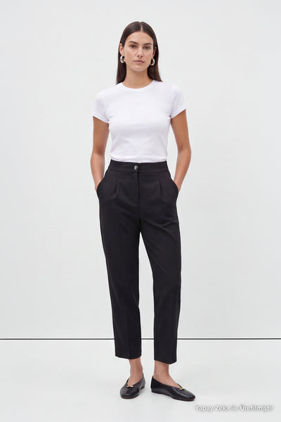 Pileli Yüksek Bel Siyah Pantolon 0200