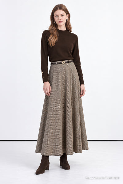 Brown Belted Houndstooth Skirt 0240