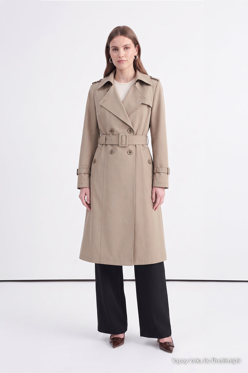 Mink Double-Breasted Belted Trench Coat with Epaulettes 12528