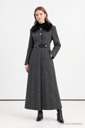 Fur Collar Anthracite Coat with Buckled Belt 13425