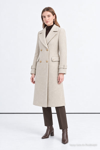 Beige Double-Breasted Coat with Notched Collar 13570