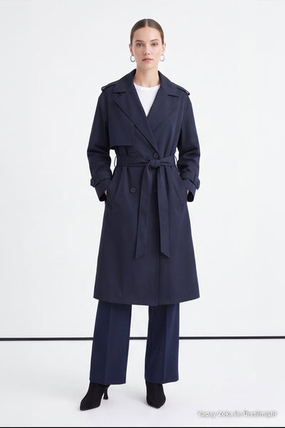 Çift Sıra Düğmeli Oversize Lacivert Trençkot 14238