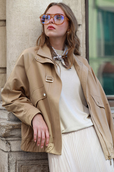 Oversize Dik Yaka Bomber Camel Trençkot 14271