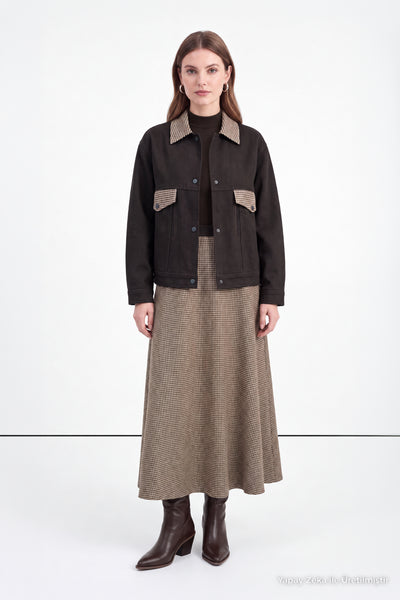 Brown Shirt Collar Two-Piece Set with Houndstooth Detail 2041