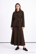Brown Two-Piece Set with Sash Belt and Asymmetric Closure 2051