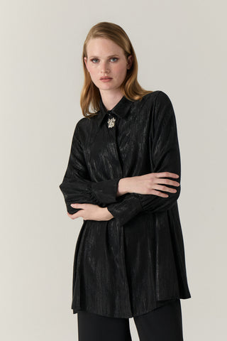 Broş Detaylı Siyah Bluz 0095