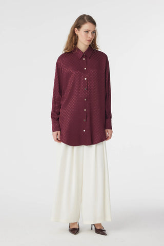 Desenli Düğmeli Rahat Bordo Gömlek 0120