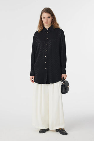 Desenli Düğmeli Rahat Siyah Gömlek 0120