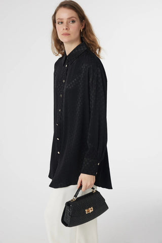 Desenli Düğmeli Rahat Siyah Gömlek 0120